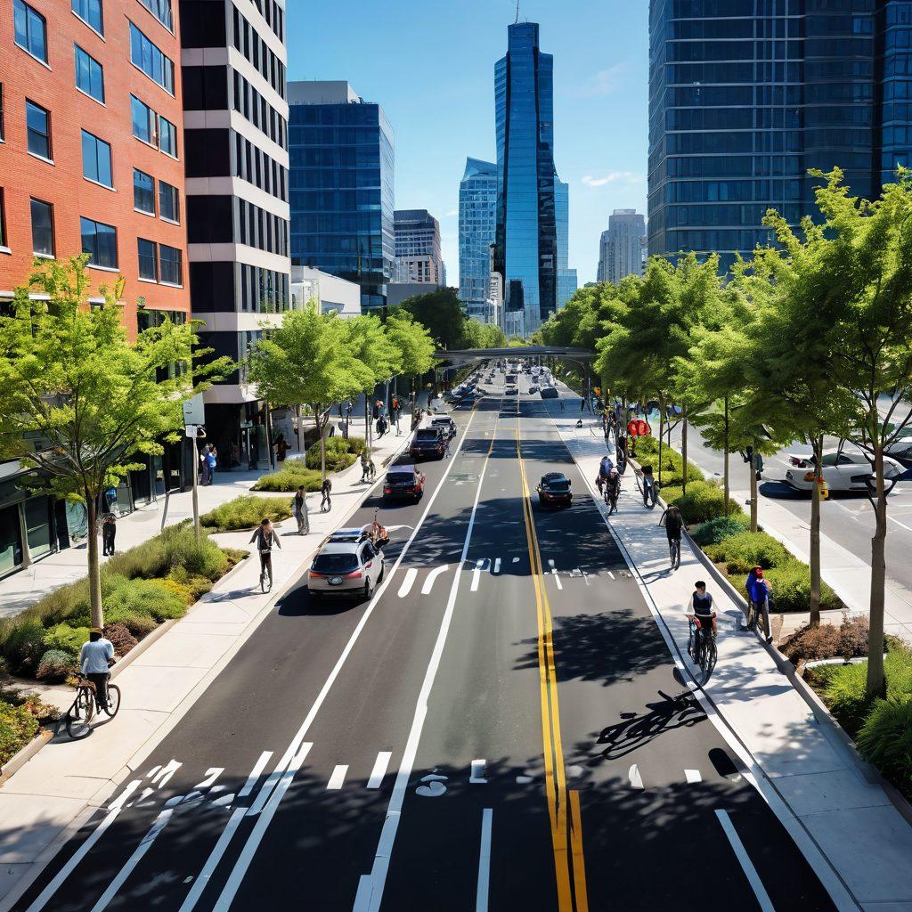 A dynamic cityscape showing diverse transportation networks including bicycles, scooters, and pedestrians safely navigating bike lanes and pathways. Features innovative safety elements like smart traffic signals and greenery along the routes. The scene should depict a harmonious blend of urban living and eco-friendly transportation. The sky is bright and sunny, conveying a sense of safety and community. vibrant colors. super-realistic.