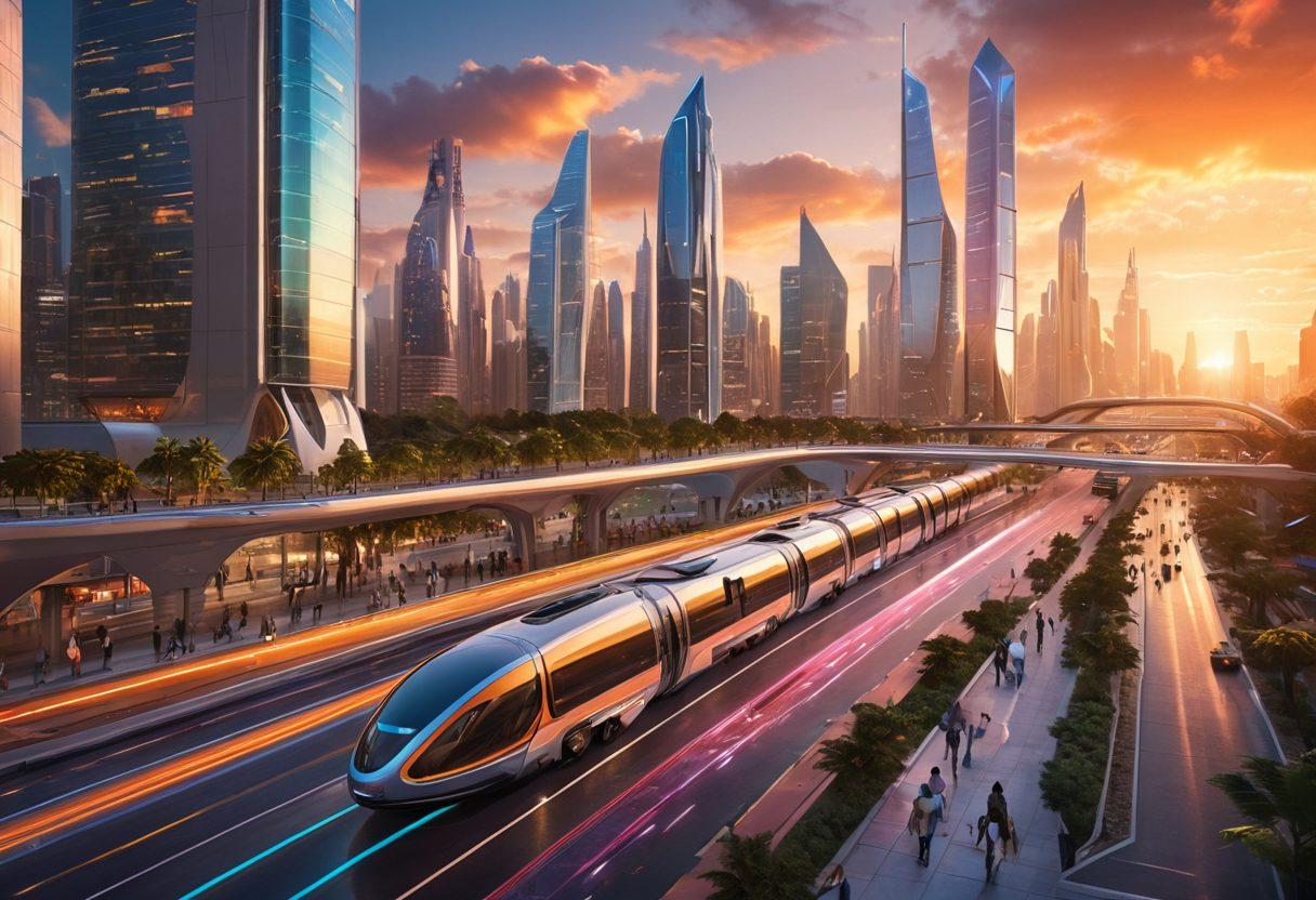 A futuristic cityscape featuring advanced transportation solutions like flying cars, hyperloop stations, and eco-friendly buses integrated into the road infrastructure. The skyline should showcase sleek, modern buildings with greenery and smart technology, highlighting innovation in urban mobility. Add dynamic road networks with glowing pathways and pedestrians using augmented reality while commuting. The scene should be bathed in glowing sunset hues to emphasize progress and sustainability. cyberpunk. vibrant colors. 3D.