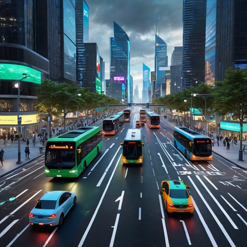 A futuristic cityscape featuring advanced traffic management systems, electric buses, and drones transporting goods. Show interconnected smart traffic lights synchronized with vehicles and pedestrians, with vibrant digital displays showcasing real-time data. Include green spaces and people interacting with technology, highlighting seamless connectivity. super-realistic. vibrant colors. 3D.